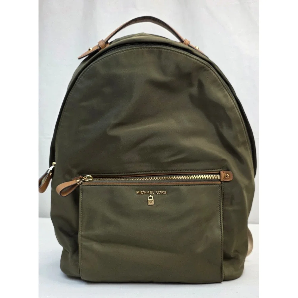 Michael Kors Olive Green Nylon Backpack with Tan Leather Trim and Gold Hardware - Picture 6 of 16
